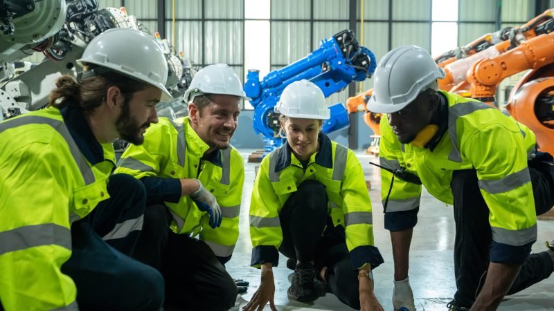engineer in modern industrial factory checking and maintain indu