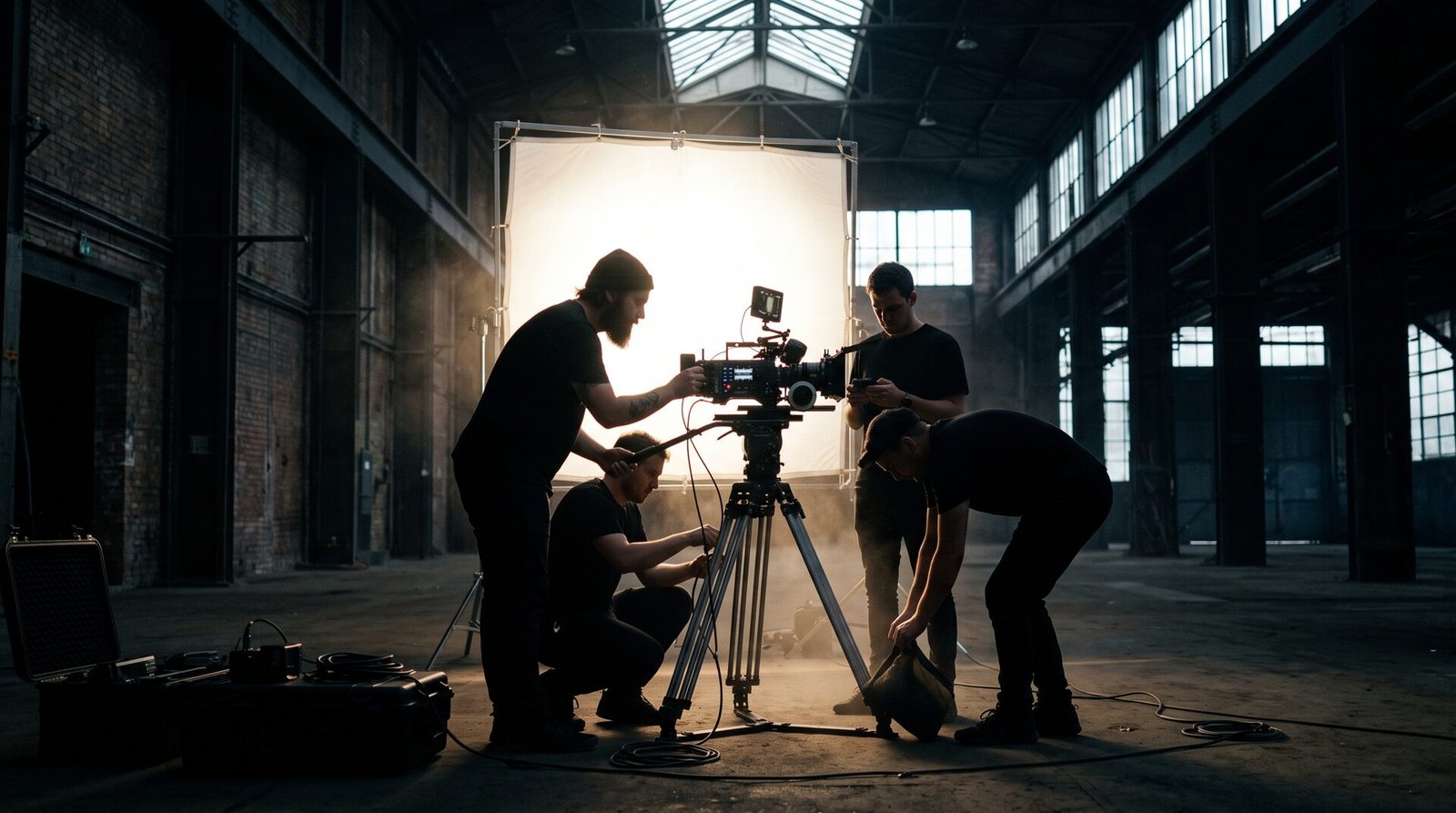 Four crew members setting up a cinema camera on a tripod in a brick warehouse, backlit by a large diffused light