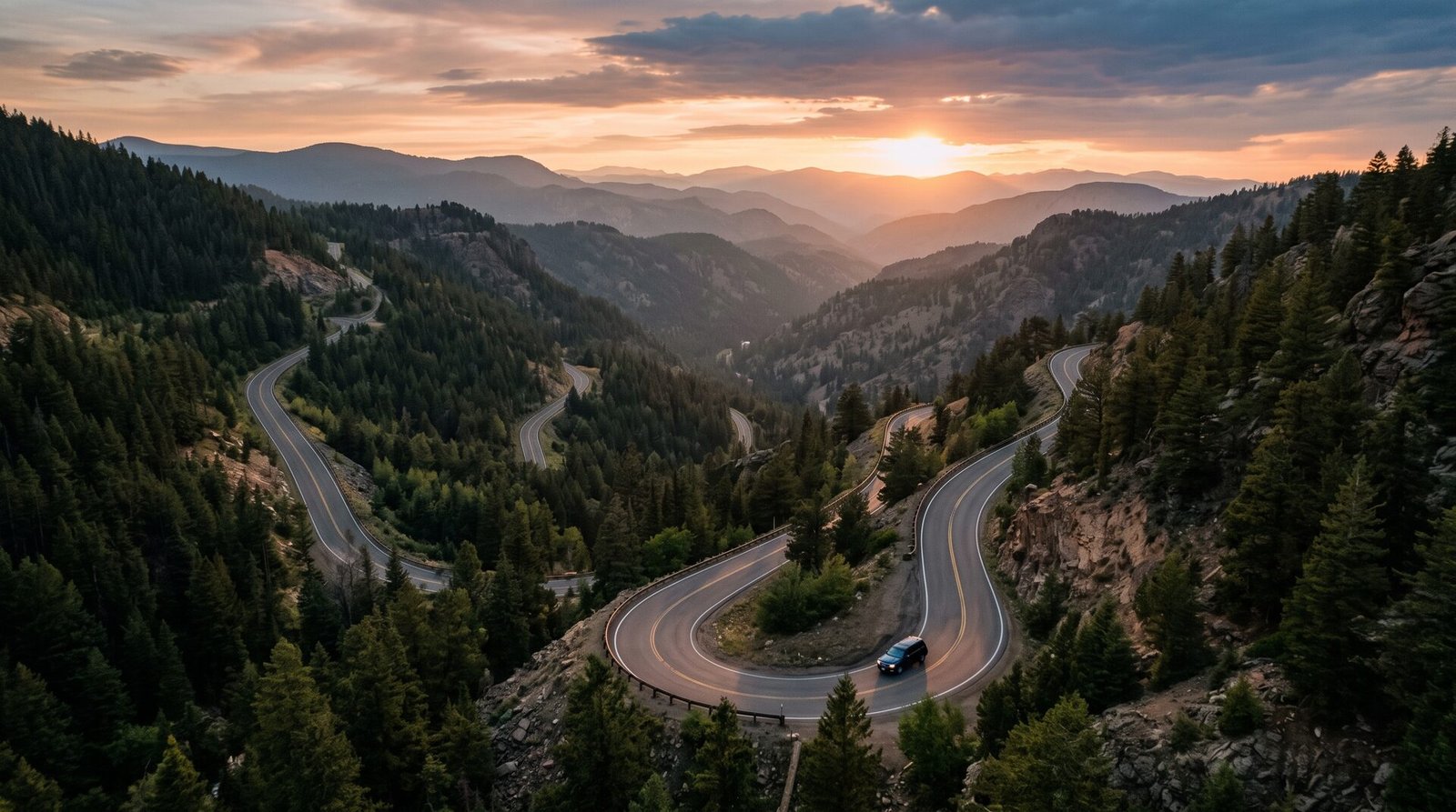 Aerial view of a two-lane road switchbacking through a forested mountain canyon at sunset